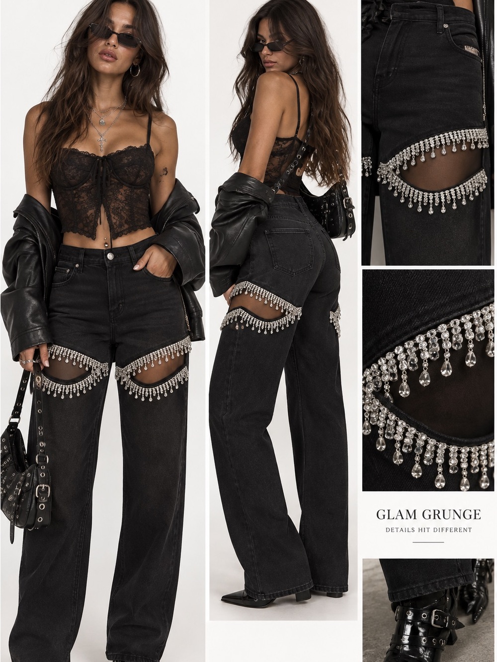 GOOD AMERICAN Black Rhinestone-Trim High-Waist Wide Leg Jeans